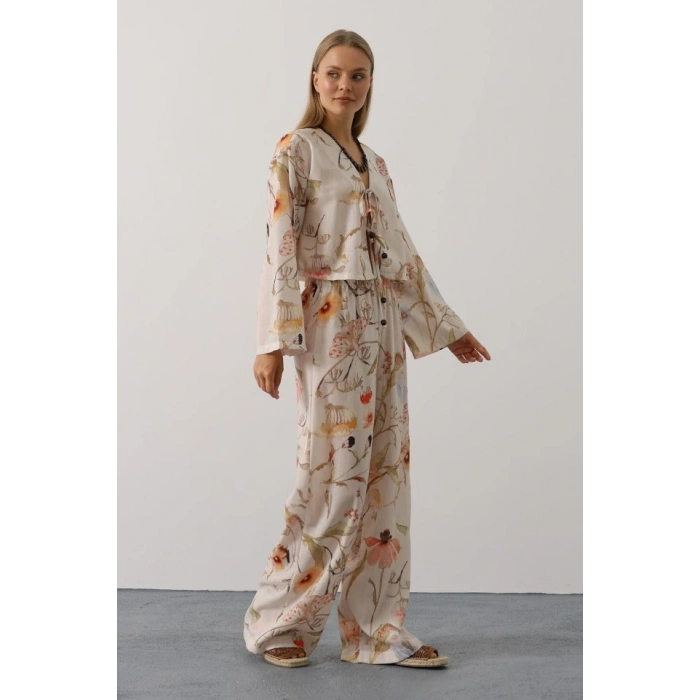 Çiçek Desen Önü Bağlamalı Pantolon Takım  Taş