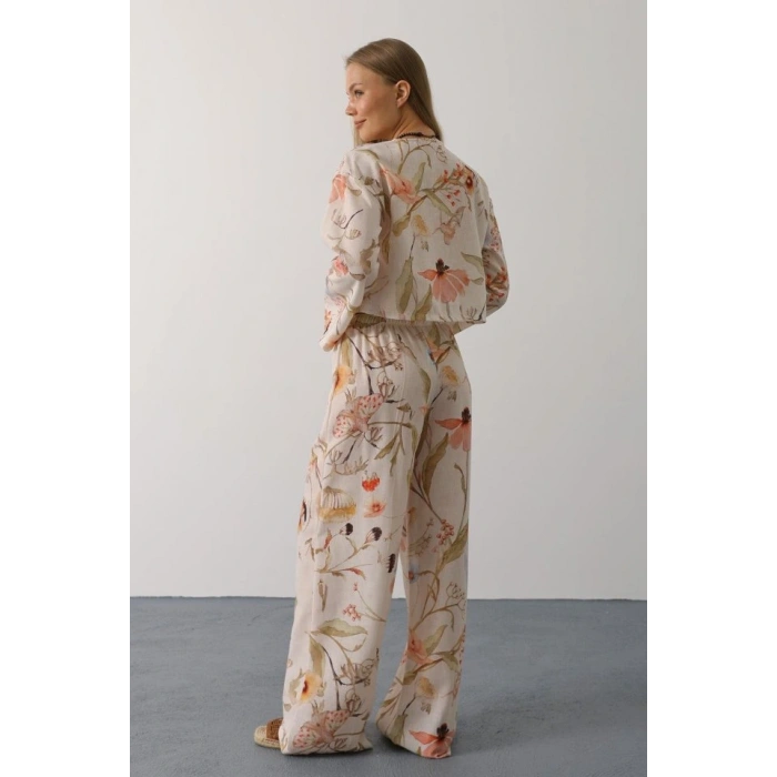 Çiçek Desen Önü Bağlamalı Pantolon Takım  Taş
