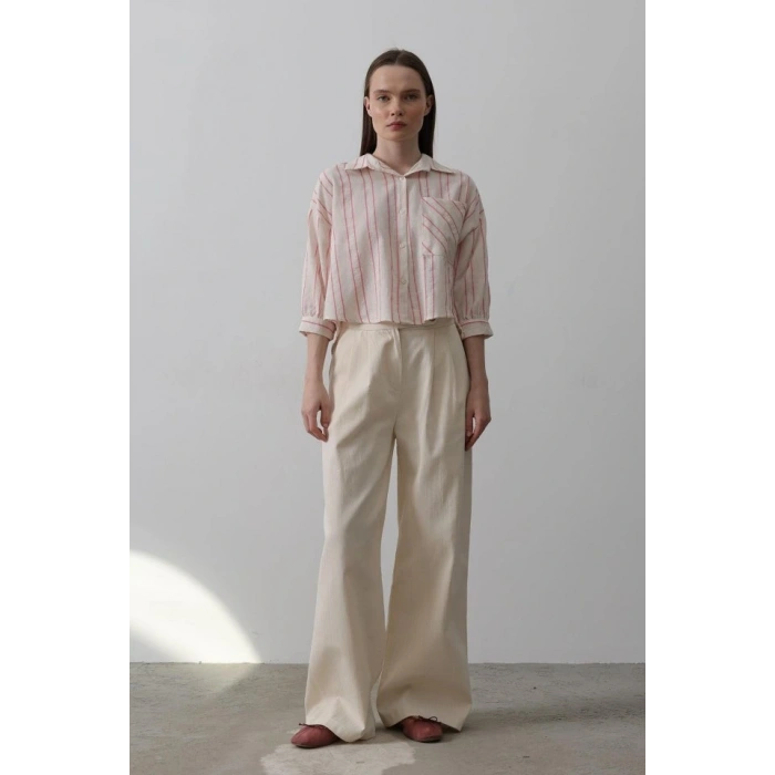 Çift Pileli Palazzo Pantolon  Natür