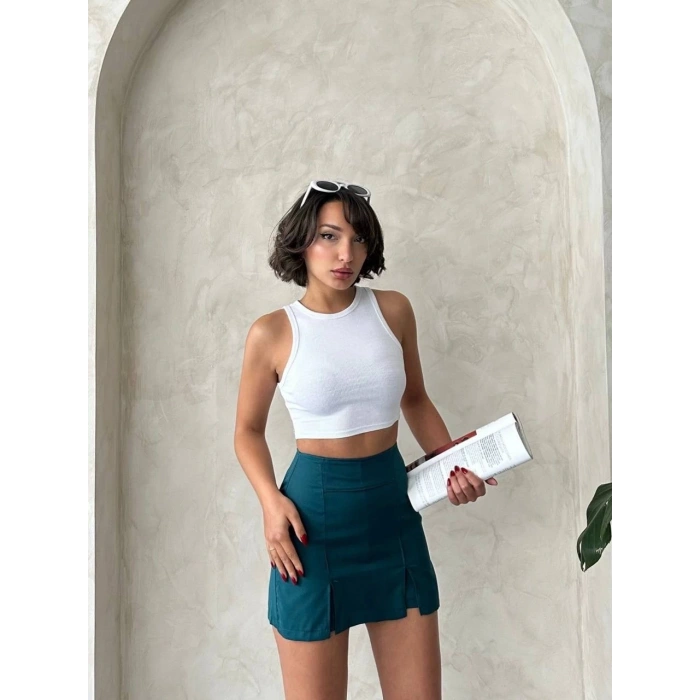 Çift yırtmaçlı atlas şort etek petrol yeşili s240364