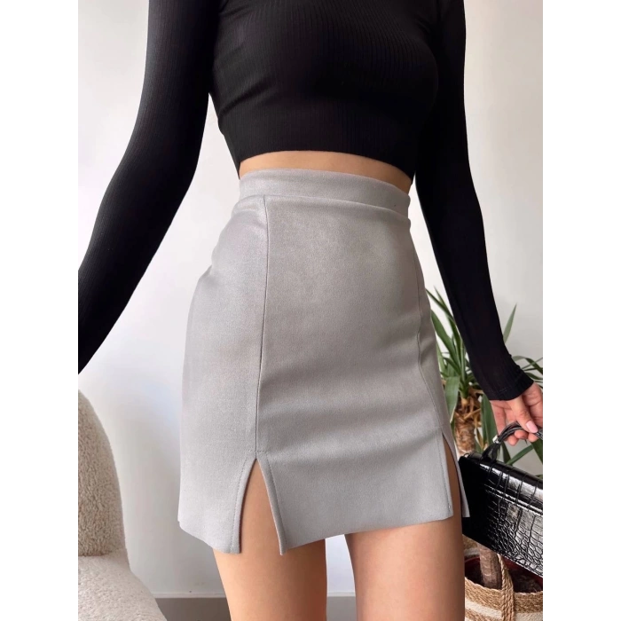 Çift yurtmaçlı süet etek gri s241002