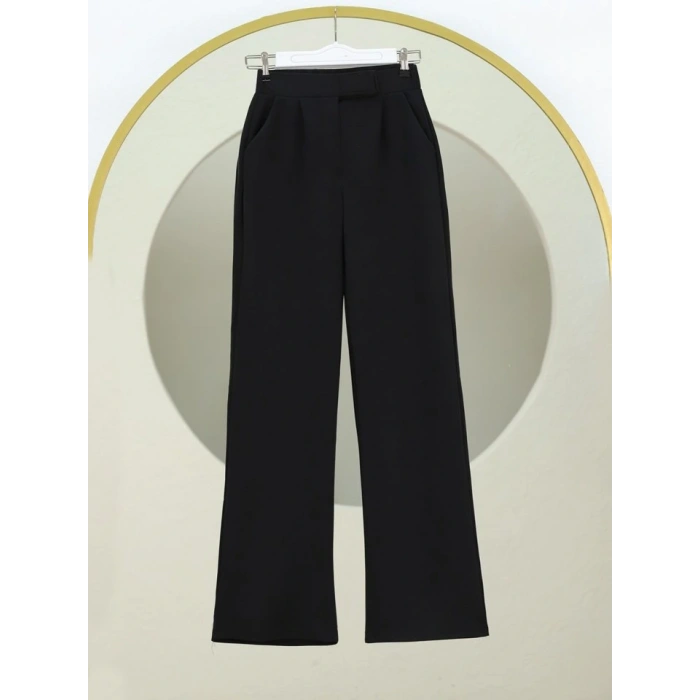 Cırtlı Fermuarlı Palazzo Pantolon Siyah