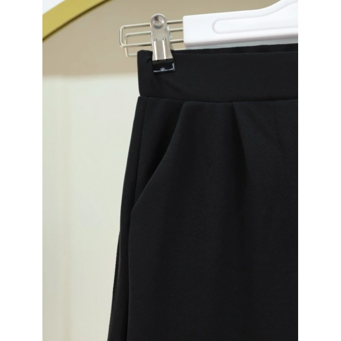 Cırtlı Fermuarlı Palazzo Pantolon Siyah