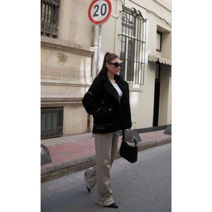 Cıt Cıt Detaylı Peluş Mont Ceket  iyah