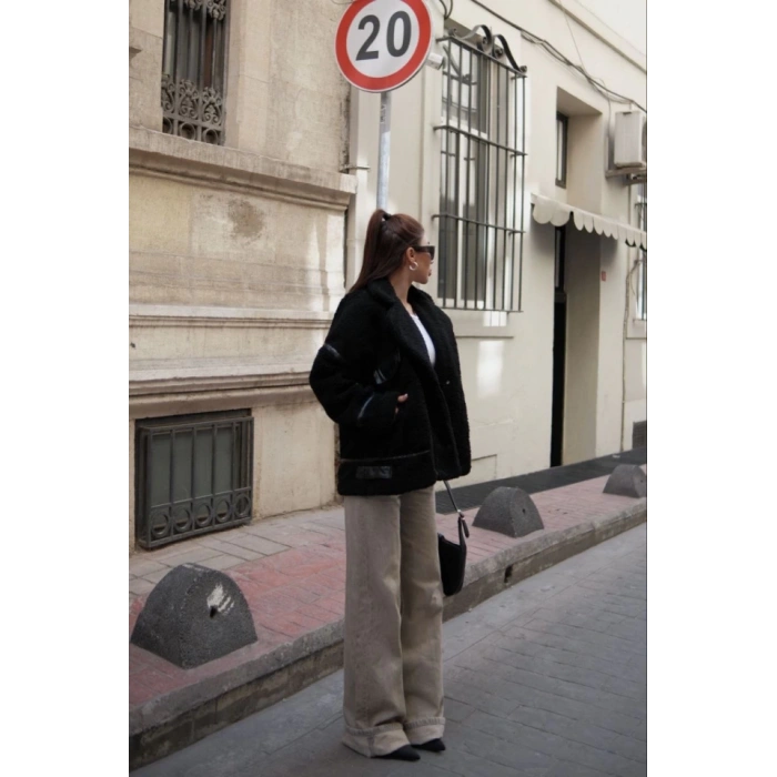 Cıt Cıt Detaylı Peluş Mont Ceket  iyah