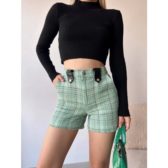 Çıtçıtlı siyah köprü tüvit şort yeşil