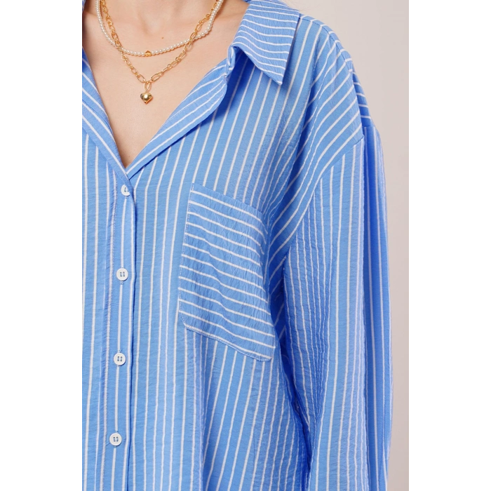 Çizgi Detaylı Cepli Mavi Gömlek