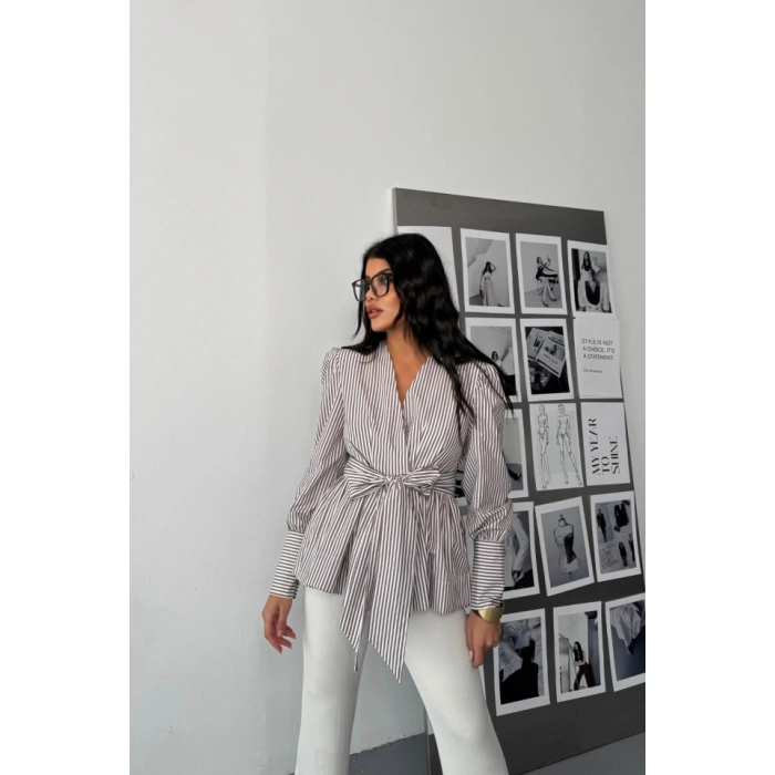 ÇİZGİİ BAĞAA DETAYI KRUVAZE POPİN GÖEK  Kahverengi