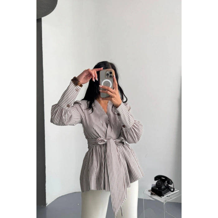 ÇİZGİİ BAĞAA DETAYI KRUVAZE POPİN GÖEK  Kahverengi