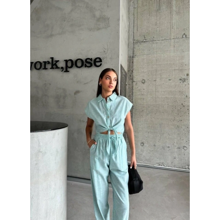 ÇİZGİİ KETEN KOUZ CROP PANTOON TAKI  Yeşil