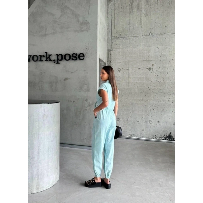 ÇİZGİİ KETEN KOUZ CROP PANTOON TAKI  Yeşil