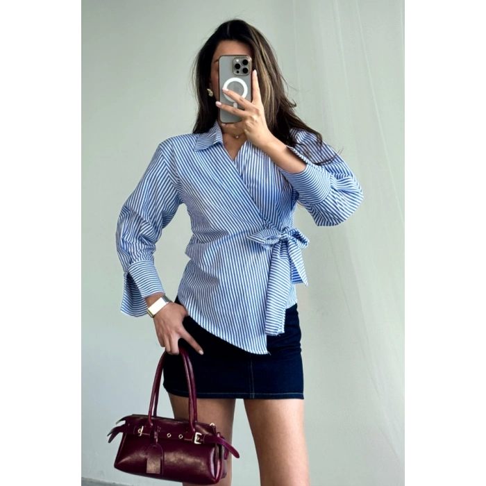 ÇİZGİİ POPİN KRUVAZE BAĞAMAI GÖMEK  Mavi