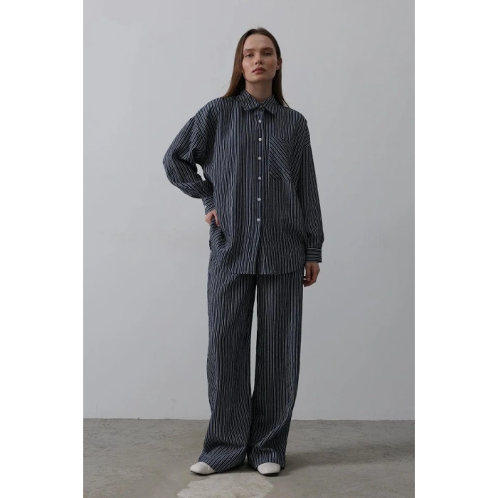 Çizgili Cep Detaylı Oversize Takım  acivert