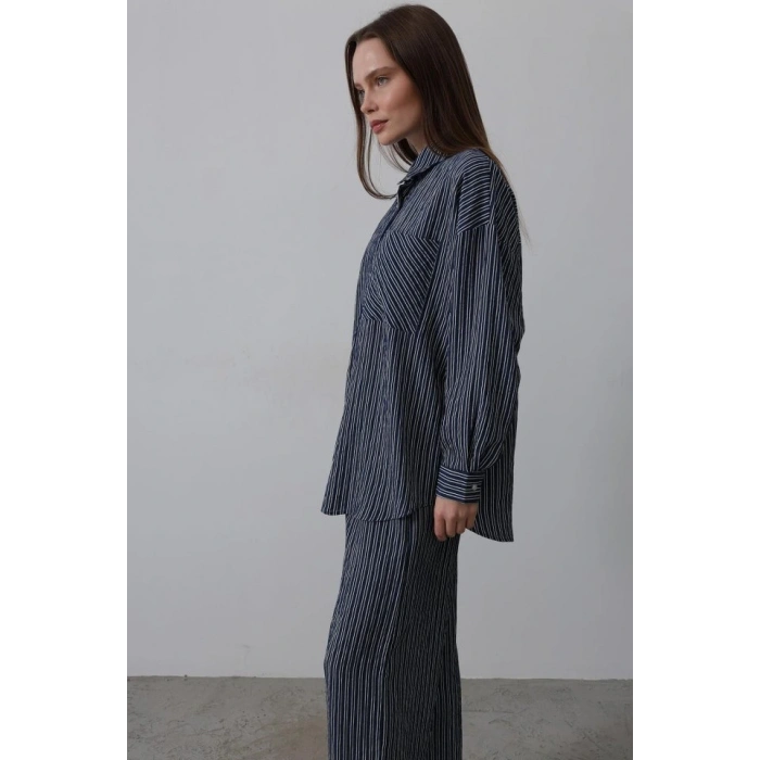 Çizgili Cep Detaylı Oversize Takım  acivert