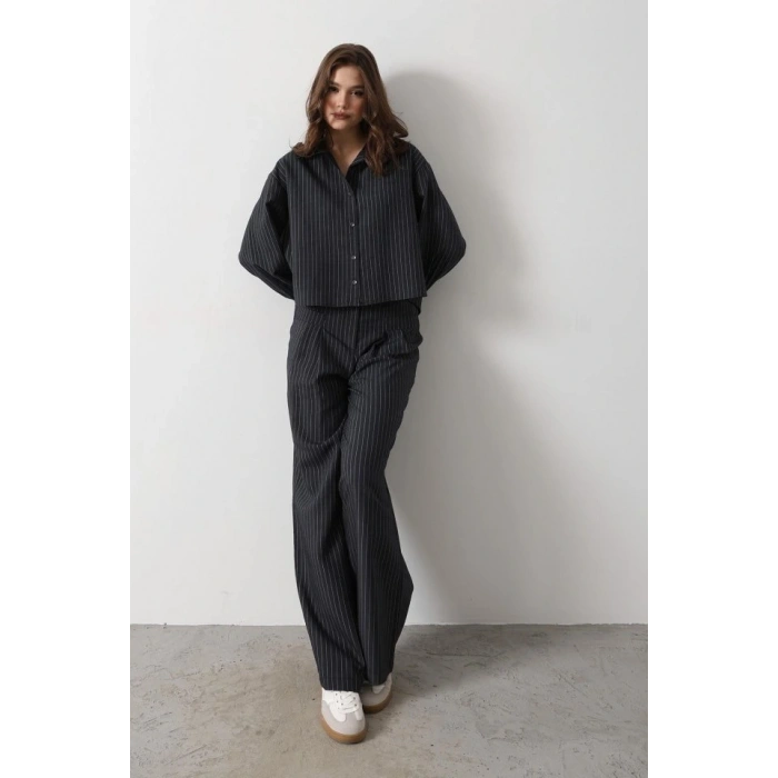 Çizgili Gömlek Pantolon Takım  Lacivert