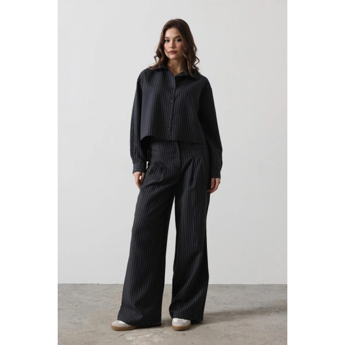 Çizgili Gömlek Pantolon Takım  Lacivert