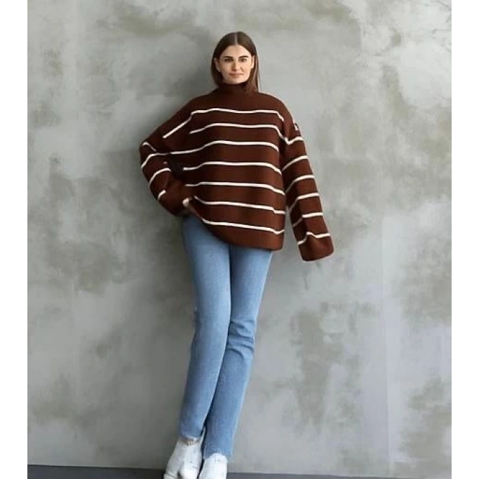 Çizgili ispanyol kol triko boğazlı kahve beyaz elf