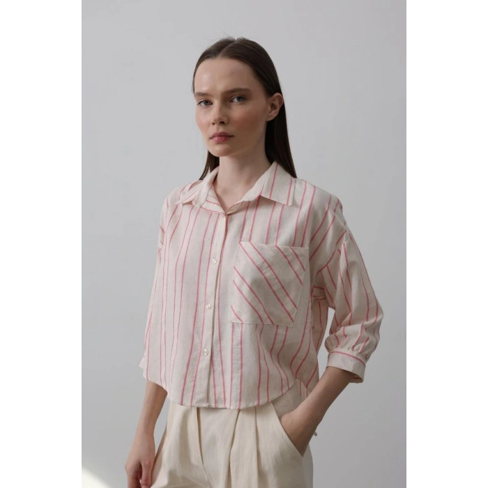 Çizgili Kısa Gömlek  Bej Pembe
