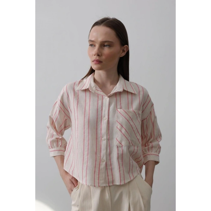 Çizgili Kısa Gömlek  Bej Pembe