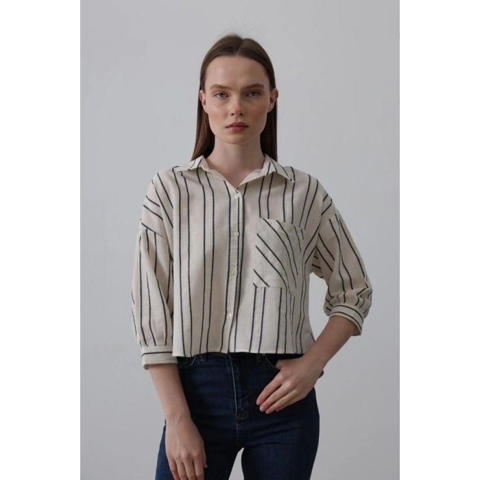 Çizgili Kısa Gömlek  Bejacivert