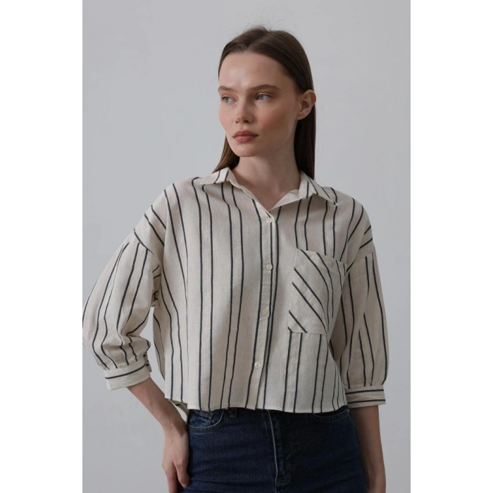 Çizgili Kısa Gömlek  Bejacivert