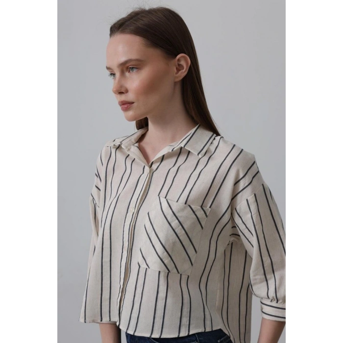 Çizgili Kısa Gömlek  Bejacivert