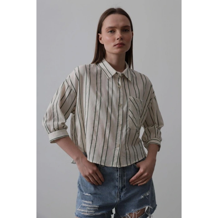 Çizgili Kısa Gömlek  BejYeşil