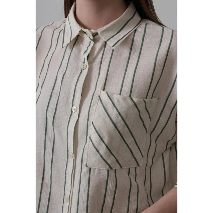 Çizgili Kısa Gömlek  BejYeşil