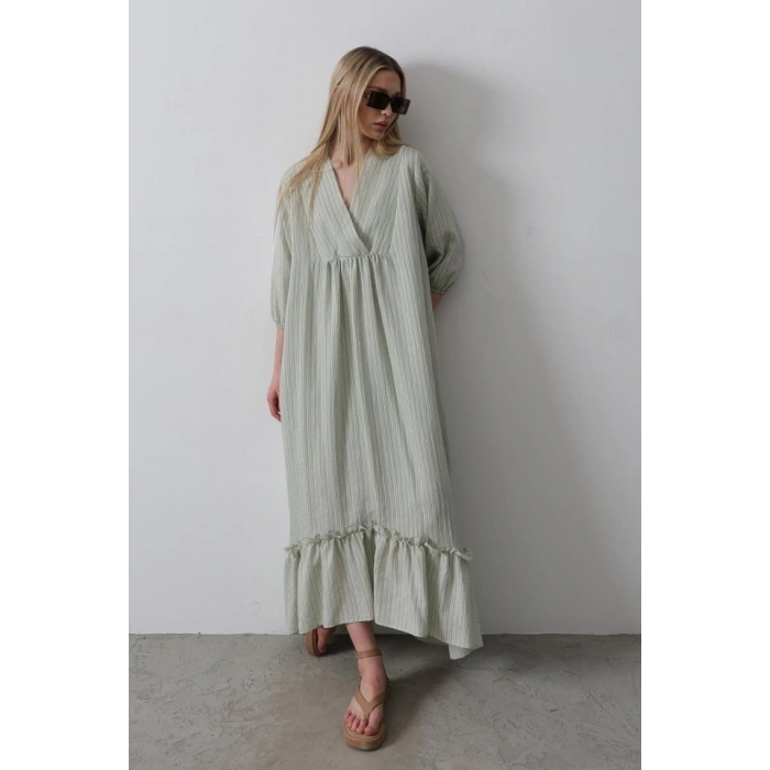 Çizgili Oversize V Yaka Elbise  Haki