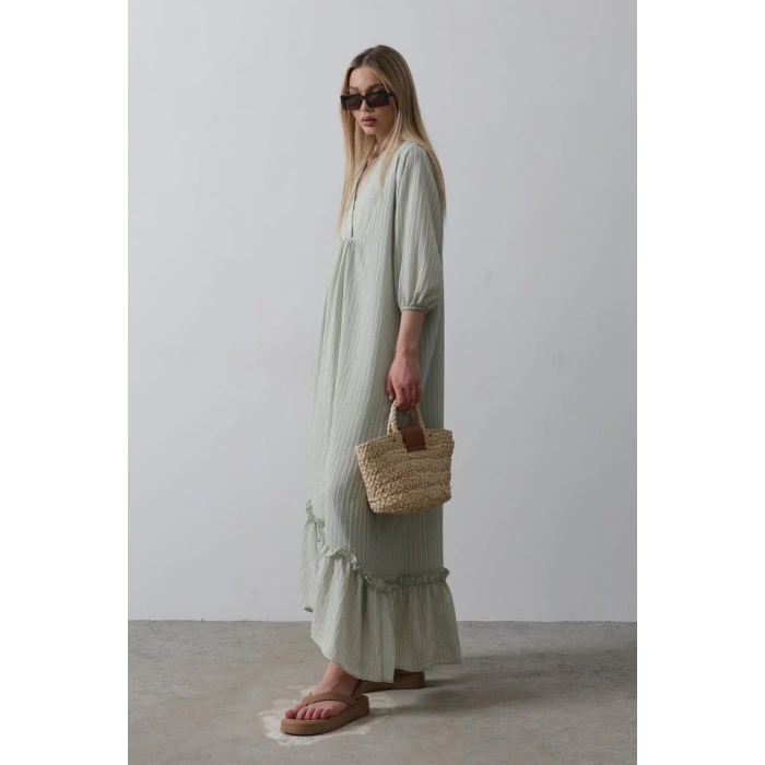 Çizgili Oversize V Yaka Elbise  Haki