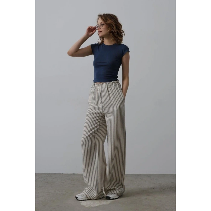 Çizgili Pamuklu astikli Pantolon  Bejacivert