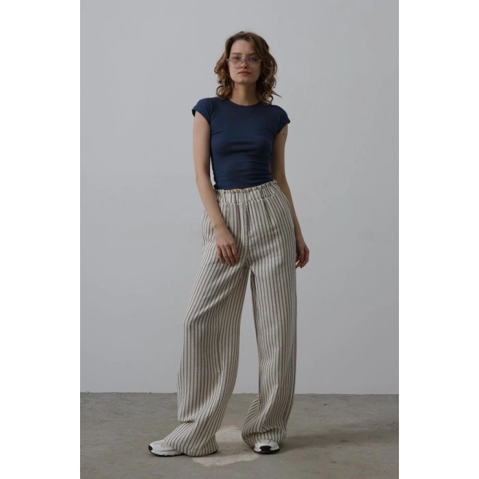 Çizgili Pamuklu astikli Pantolon  Bejacivert