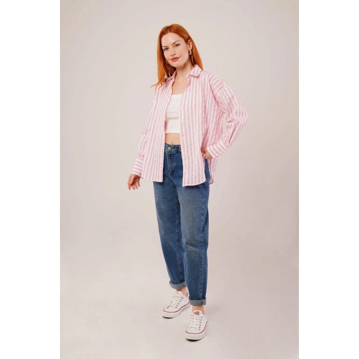 Çizgili Rahat Kesim Pembe Gömlek