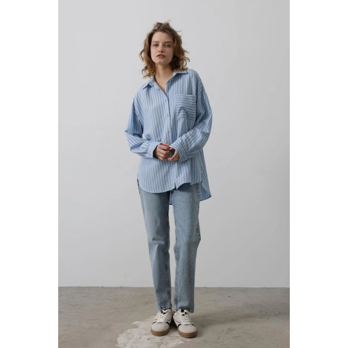 Çizgili Tek Cep Gömlek  Bebe Mavisi