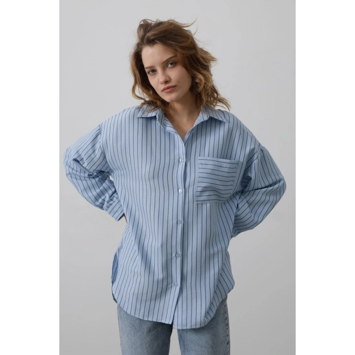 Çizgili Tek Cep Gömlek  Bebe Mavisi