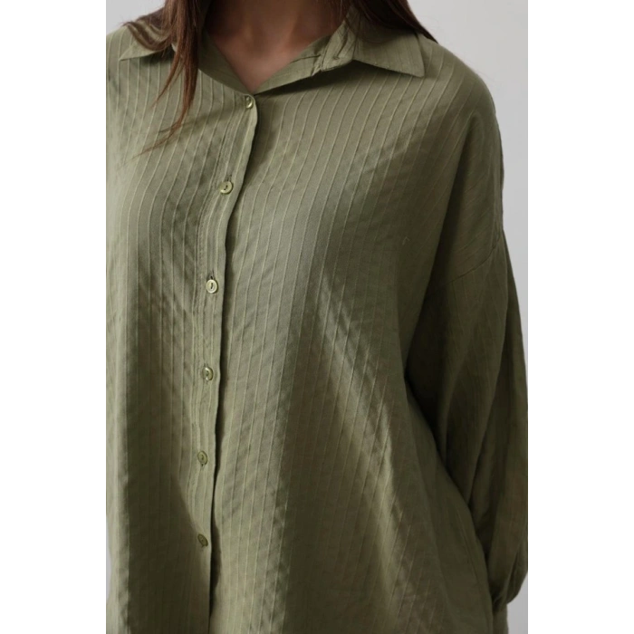 Çizgili Uzun Kol Gömlek  Haki