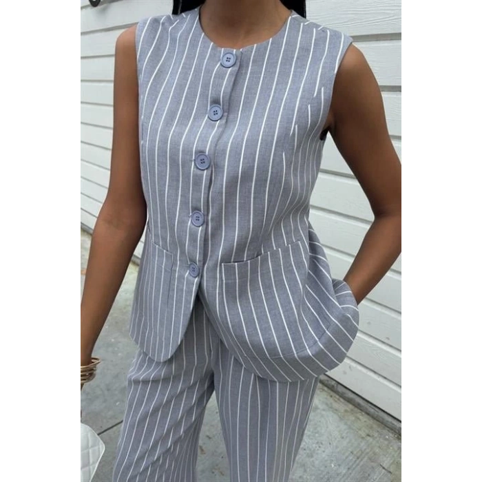 Çizgili Viscon Keten Yelekli Rahat Takım 10121
