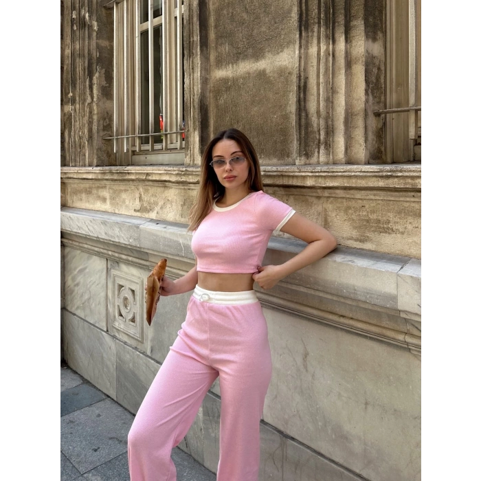 Crop pantolon biyeli takım pembe