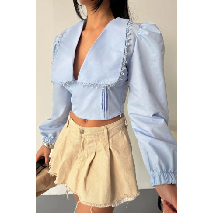 CROP POPLİN GÖMLEK YAKA KENAR DANTEL DETAYLI  Bebe Mavi