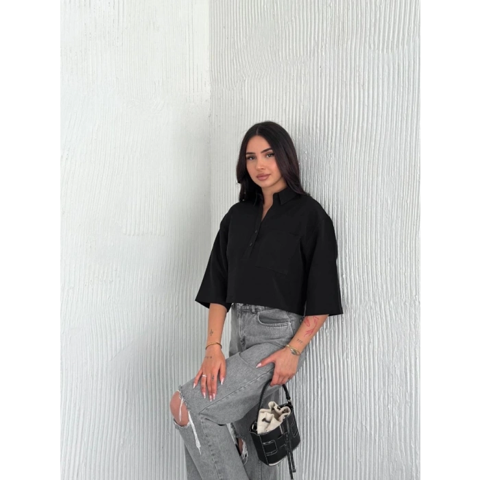 Crop Yakalı Gömlek Üç Çeyrek leeve Kol  iyah