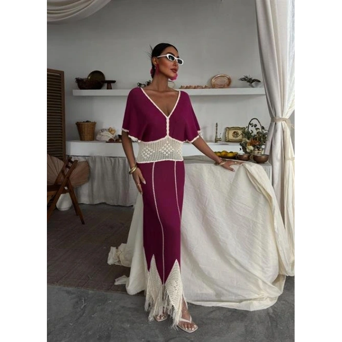 Dantel Desenli V Yaka Triko Elbise 2844