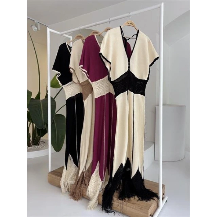 Dantel Desenli V Yaka Triko Elbise 2844