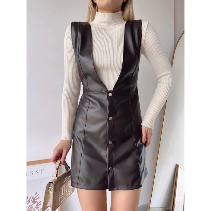 Deri jile elbise kahve w24796