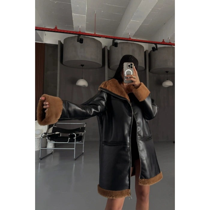 DERİ ONT KOL VE YAKA PELUŞ KAPAKIZ CEP DETAYLI  iyahTaba