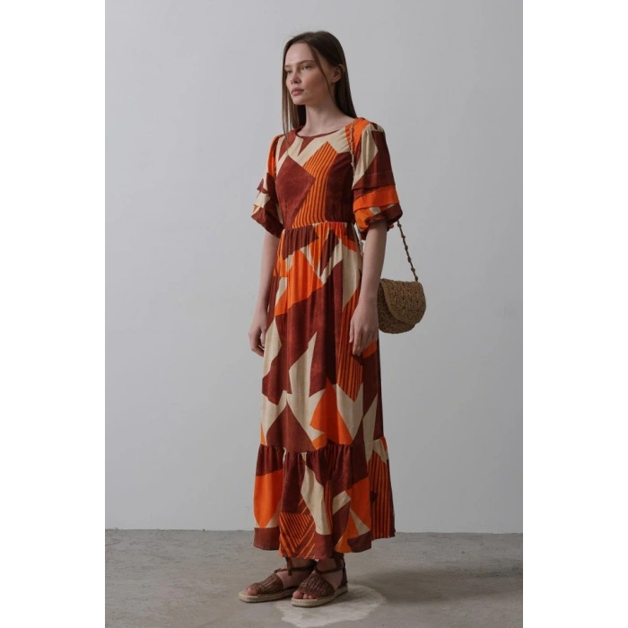 Desenli Balon Kol Kloş Elbise  Kahve