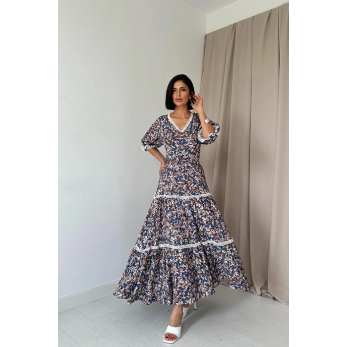 Desenli ırtı Dekolteli Brode Elbise