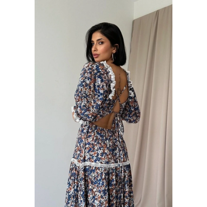 Desenli ırtı Dekolteli Brode Elbise