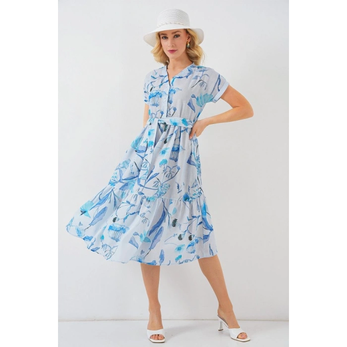 Desenli Kısa Kol Elbise 2558  Mavi