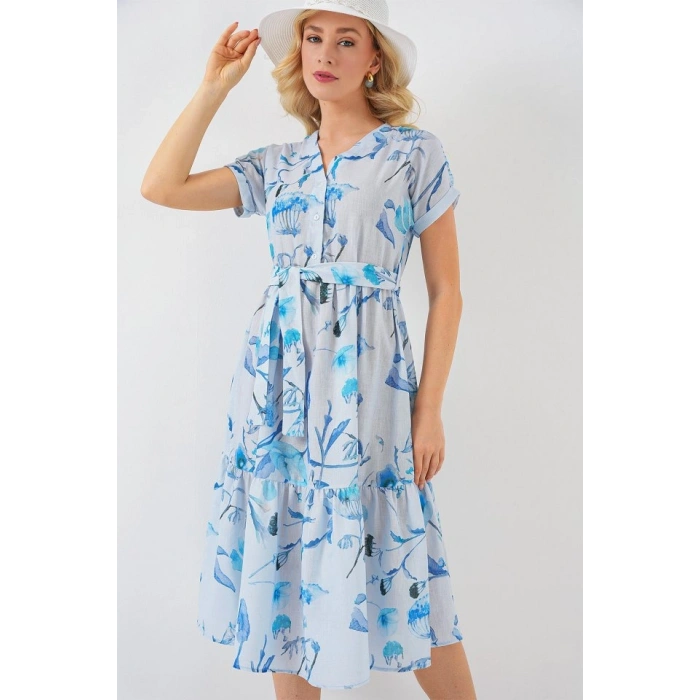 Desenli Kısa Kol Elbise 2558  Mavi