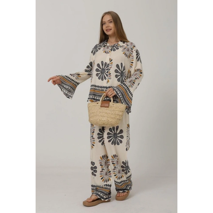 Desenli Kolları Volanlı Pantolon Takım  Antrasit